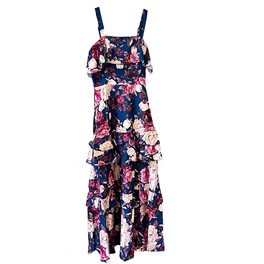 DALIA MACPHEE Blue Floral Print Tiered Ruffle Square Neck Maxi Dress Size S